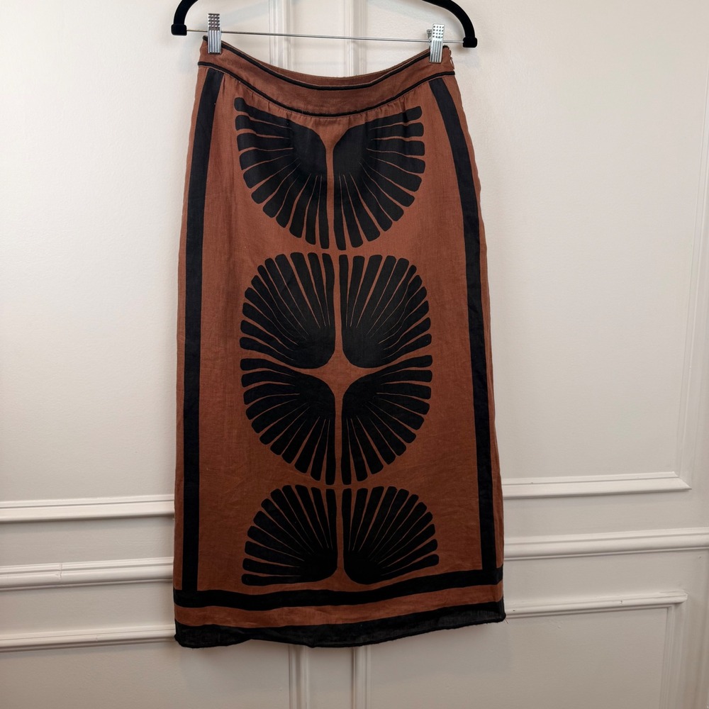 Magaschoni Womens Brown Black Linen Graphic Shell Print Midi Skirt Size Small